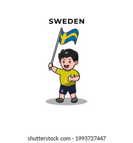 Cute Football Player Holding Sweden Flag. Cartoon Vector Icon Illustration. Sport and People Icon Concept Isolated Premium Vector. Flat Cartoon Style