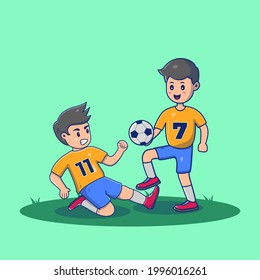Cute Football Player Tackling Cartoon Vector Icon Illustration. People And Sport Icon Concept Isolated Premium Vector. Flat Cartoon Style