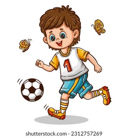 Cute football soccer player boy, little child footballer playing sport game icon. Funny school kid sportsman cartoon character run, kicking ball. Athlete in training uniform, competition match vector 