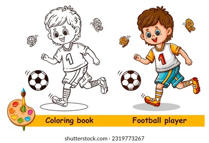 Cute football soccer player boy, little child footballer playing sport game. Kid education coloring book page. Funny sportsman cartoon character run, kicking ball. Outline color painting sheet. Vector