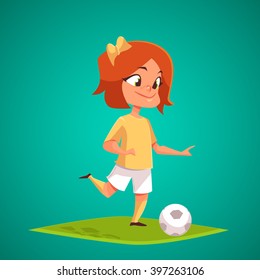 Cute footballer girl with ball.  Cartoon character of girl playing football vector illustration