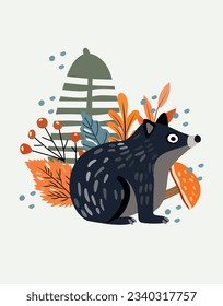 Cute forest adorable mole with wild berries and leaves. Woodland animals. Perfect for web, banner, card, poster. Vector illustration.