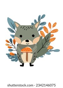 Cute forest adorable raccoon with wild berries and leaves. Woodland animals. Perfect for web, banner, card, poster. Vector illustration.
