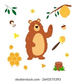 Cute forest animal bear waving paw hand drawn in cartoon style on white background, beehive on tree branch, tree stump, honeycomb, daisies, mushroom, for printing postcards, banners, advertising