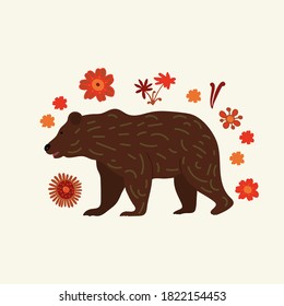 Cute forest animal, Brown bear in forest. Illustration in flat style on  white background. Bright flowers. Hand drawing. Postcard, banner, concept. Vector.
