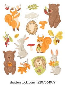 Cute forest animal cartoon characters vector illustrations set. Comic baby hedgehog under rain cloud, animals with leaves in Scandinavian style on white background. Autumn, wildlife concept