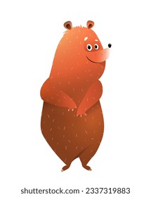 Cute forest animal character design. Funny brown teddy bear, standing shy and smiling. Comical zoo for children isolated clipart. Hand drawn vector in watercolor style for kids.