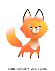 Cute forest animal character design. Funny playful fox, wild baby character for kids . Adorable fox for children isolated clipart. Hand drawn animal vector in watercolor style.