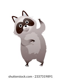 Cute forest animal character design. Funny raccoon, standing waving HI and smiling. Adorable zoo for children isolated clipart. Hand drawn animal vector in watercolor style for kids.