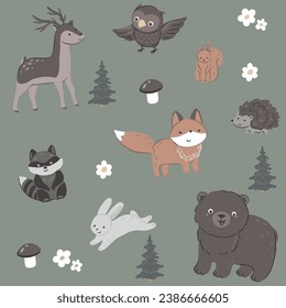 Cute forest animal characters, seamless pattern with vector hand drawn art