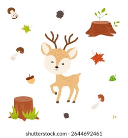 Cute forest animal deer hand drawn in cartoon style with textures on white background, stump, mushrooms, leaves, cones, acorns, for printing postcards, banners, advertising