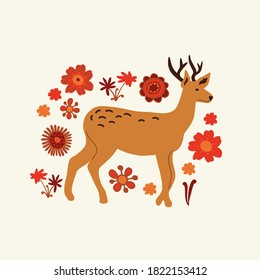 Cute forest animal, deer with small antlers. Illustration in flat style on  white background. Bright flowers. Hand drawing. Postcard, banner, concept. Vector.