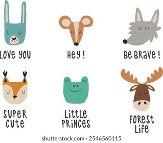 Cute forest animal faces with lettering. Hand drawn children's illustrations.