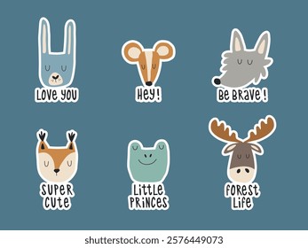 Cute forest animal faces with lettering diary sticker set. Hand drawn children's illustrations with wild animals.	