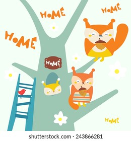 Cute forest animal. Family squirrels. Tree with a ladder. Text House. Birds and butterflies. Vector. Illustration.