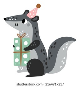 Cute forest animal with gift. Funny badger with present box
