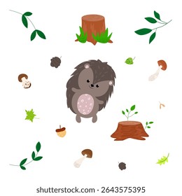 Mão de ouriço animal de floresta bonito desenhado em estilo cartoon no fundo branco, folhas, coto de árvore, cogumelos, folha de bordo, bolotas, pinho cone, para impressão de cartões postais, banners, publicidade
