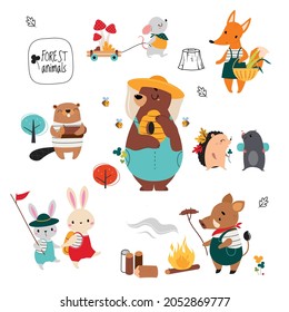 Cute Forest Animal Hiking with Backpack and Beekeeping Vector Set