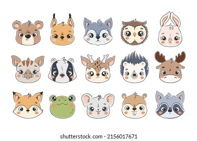 Cute forest animal portraits collection. Great for making baby clothes, textile, cards. Bear, fox, owl, hare, frog, raccoon, wolf, elk, deer illustrations. 