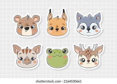 Cute Forest Animal Portraits Sticker Pack For Kids. Bear, Wolf, Deer, Frog, Boar, Squirrel Kawaii Vector Illustration In Hand Drawn Style . 
