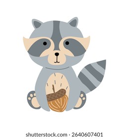 Cute forest animal raccoon holds a nut in its paws in cartoon style on a white background, can be used for printing postcards, banners, advertising