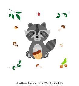 Cute forest animal raccoon holds a nut in its paws in cartoon style on a white background, leaves, mushrooms, maple leaf, acorns, can be used for printing postcards, banners, advertising