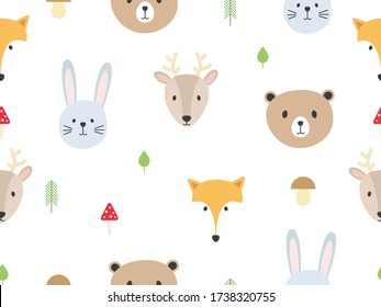 Cute forest animal seamless pattern background with rabbit, fox, bear, deer, mushroom, leaf, tree vector illustration.
