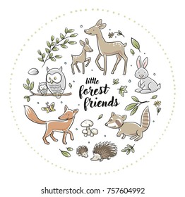 Cute forest animal szene with deer, owl, fox, rabbit, raccoon and squirrel for baby and children card designs or fabric prints. Hand drawn cartoon sketch vector illustration with soft coloring.