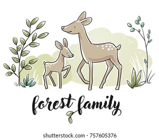 Cute forest animal szene with deer and fawn for baby and children card designs or fabric prints. Hand drawn cartoon sketch vector illustration with soft coloring. 