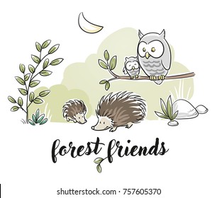 Cute forest animal szene with owls and hedgehogs for baby and children card designs or fabric prints. Hand drawn cartoon sketch vector illustration with soft coloring.