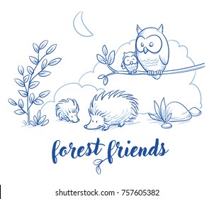 Feine Waldtierszene mit Eulen und Hedgehogs für Baby- und Kinderkarten-Designs oder Stoffabdrücke.Handgezeichneter Kunstkarikatur, Vektorgrafik.