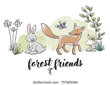 Cute forest animal szene with rabbit and fox for baby and children card designs or fabric prints. Hand drawn cartoon sketch vector illustration with soft coloring. 