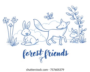 Feine Waldtierszene mit Kaninchen und Fuchs für Baby- und Kinderkarten oder Stoffabdrücke. Handgezeichnete Linie Art Cartoon Vektorgrafik. romantisch