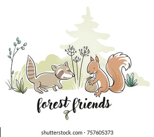 Cute forest animal szene with raccoon and squirrel for baby and children card designs or fabric prints. Hand drawn cartoon sketch vector illustration with soft coloring. 