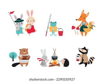 Cute Forest Animal Walking and Hiking Having Outdoor Adventure Vector Set