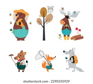 Cute Forest Animal Walking and Hiking Having Outdoor Adventure Vector Set