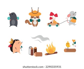 Cute Forest Animal Walking and Hiking Having Outdoor Adventure Vector Set