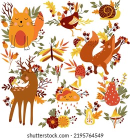 Animales de bosque y elementos otoñales, zorro astuto, gato gracioso, ave, ciervo bebé, hojas coloridas, flores, hongos.Perfecto para la web, festival de cosecha, banner, tarjeta y Día de Acción de Gracias