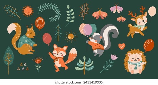 Cute forest animals with balloons. Bright vector illustration in hand-drawn style. Deer, squirrel, skunk, hedgehog and fox in cartoon flat style. Collection for postcards, banners, posters, print. Set