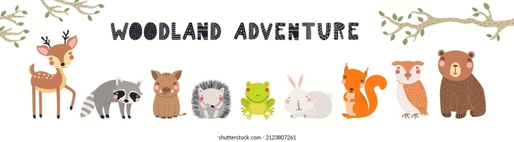 Banner, carta, cita la aventura de Woodland, aislado en blanco. Ilustración vectorial dibujada a mano. Diseño plano de estilo escandinavo. Concepto de moda infantil, huella textil, afiche, tarjeta