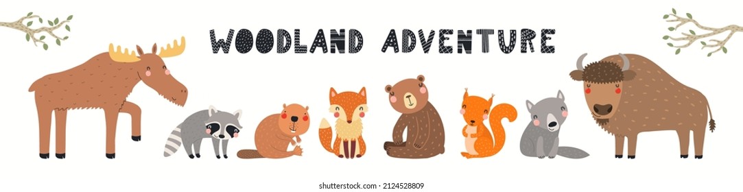 Cute forest animals banner, card, quote Woodland adventure, isolated on white. Hand drawn vector illustration. Scandinavian style flat design. Concept for kids fashion, textile print, poster, card