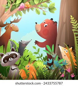 Cute forest animals bear fox skunk and squirrel among trees bush and flowers. Happy animals friends cartoon for kids tales and stories. Vector hand drawn illustration in watercolor style for children.