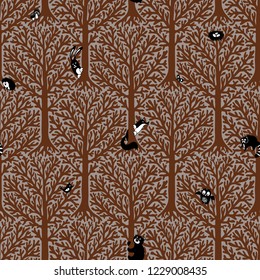 Cute forest with animals and birds. Great decor and wallpaper for baby, kids and nursery room in Scandinavian style. Vector seamless pattern. Cute Nordic background with forest animals in the woods