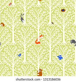 Cute forest with animals and birds. Great decor and wallpaper for baby, kids and nursery room in Scandinavian style. Vector seamless pattern. Cute Nordic background with forest animals in the woods