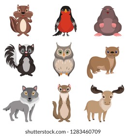 Cute forest animals and birds set, chipmunk, bullfinch, mole, cheerful, owl, polecat, raccoon, deer, wolf cartoon characters vector Illustration