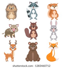 Cute forest animals and birds set, squirrel, hare, boar, raccoon, hedgehog, fox, bear, deer cartoon characters vector Illustration