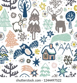 Cute forest with animals, birds, snowflakes and Christmas trees. Vector Christmas background in Scandinavian style. Vector seamless pattern. Cute Nordic background with forest animals in the woods