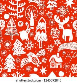 Cute forest with animals, birds, snowflakes and Christmas trees. Vector Christmas background in Scandinavian style. Vector seamless pattern. Cute Nordic background with forest animals in the woods