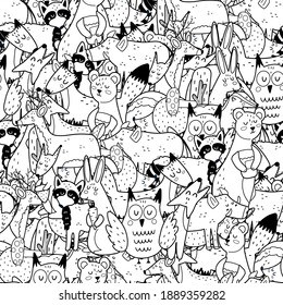 Cute forest animals black and white seamless pattern. Doodle coloring page with woodland characters. Vector illustration