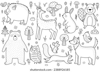 Cute forest animals black and white set. Woodland characters collection in outline for kids and baby design. Great for coloring page. Vector illustration